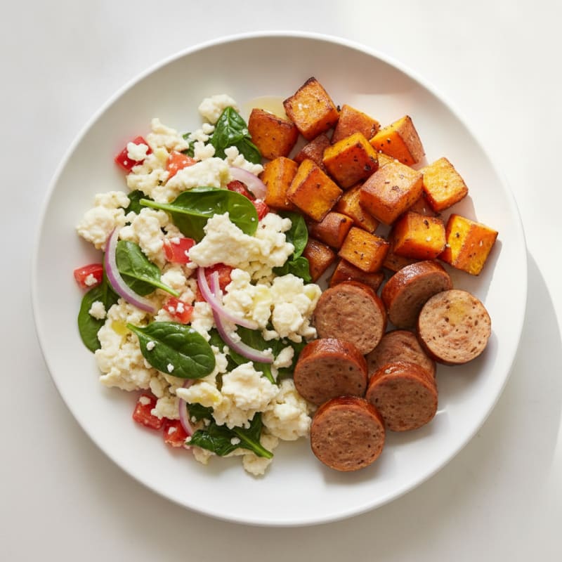 Egg White Veggie Scramble with Turkey Sausage and Roasted Sweet Potato
