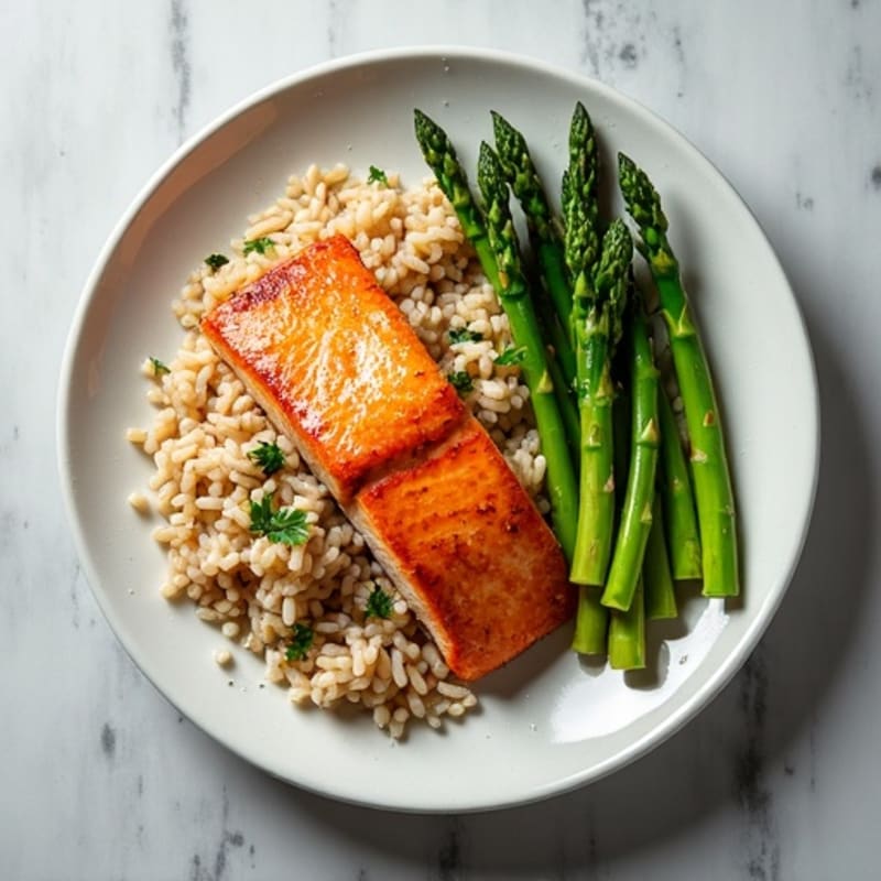 Seared Salmon Fillet with Steamed Asparagus and Brown Rice