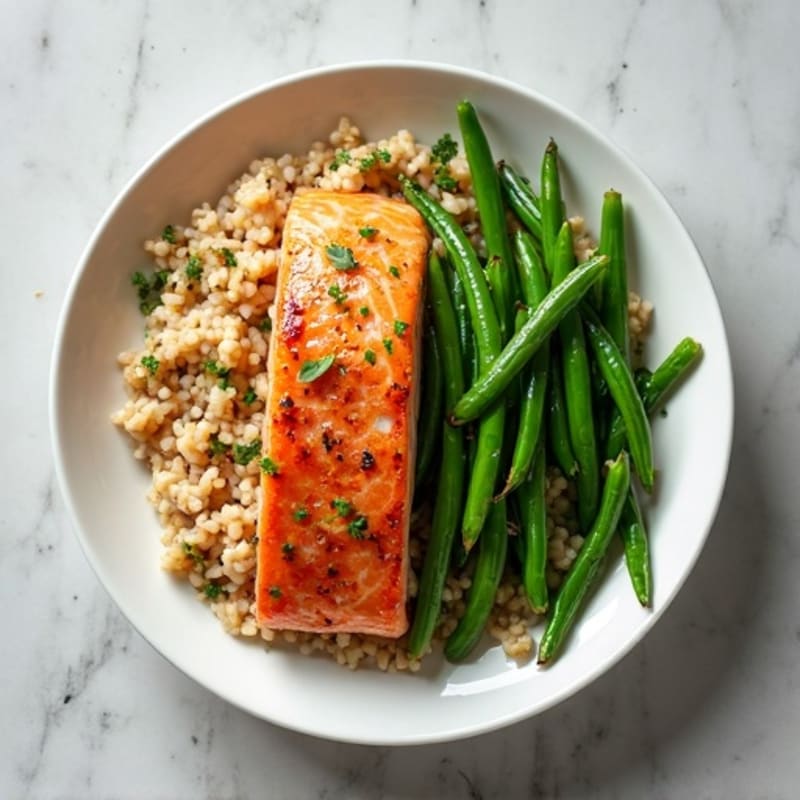Seared Salmon with Garlic Green Beans and Brown Rice