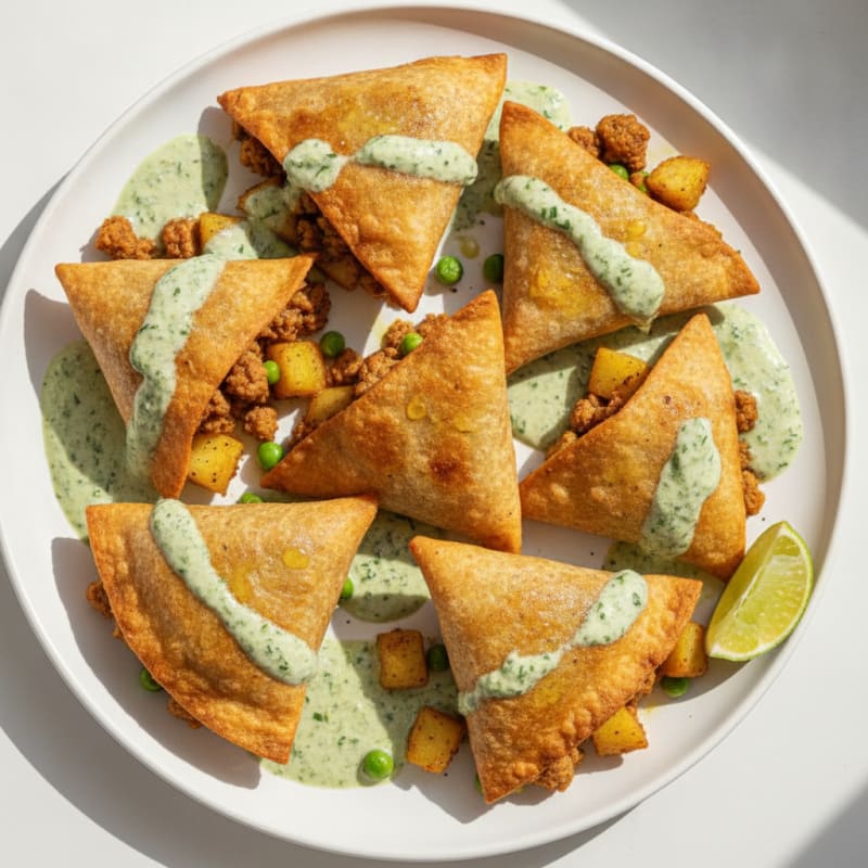 Curried Potato and Pea Samosas with Protein Chutney