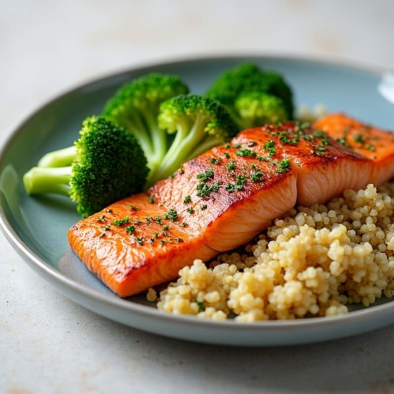 Seared Salmon with Steamed Broccoli and Quinoa