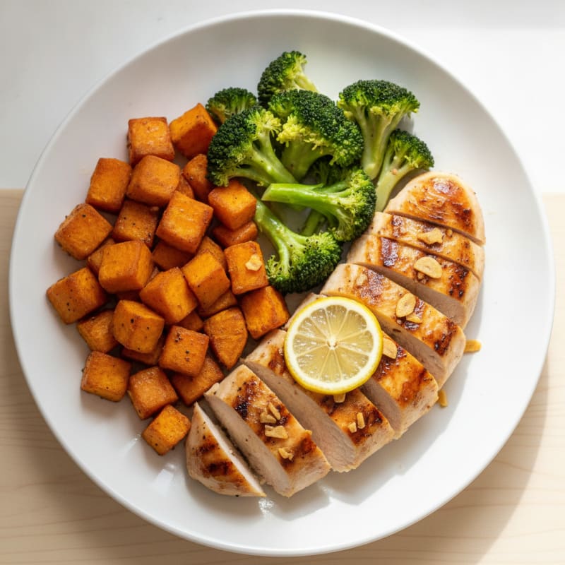 Grilled Chicken Breast with Roasted Sweet Potato and Steamed Broccoli