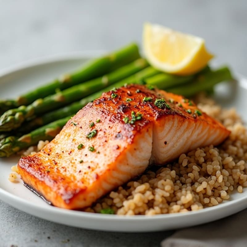 Seared Salmon with Steamed Asparagus and Brown Rice
