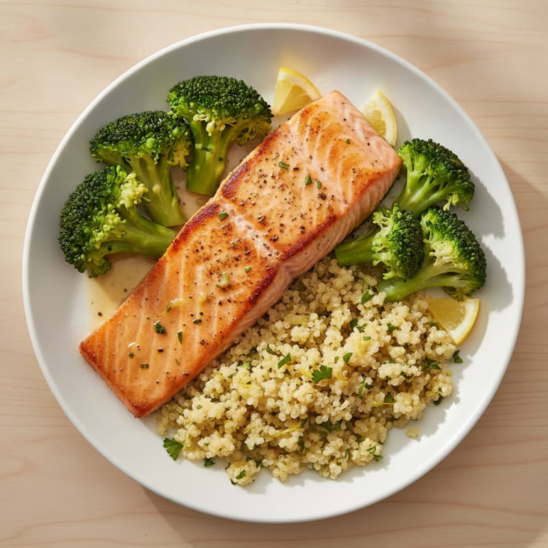Seared Salmon with Steamed Broccoli and Lemon Quinoa