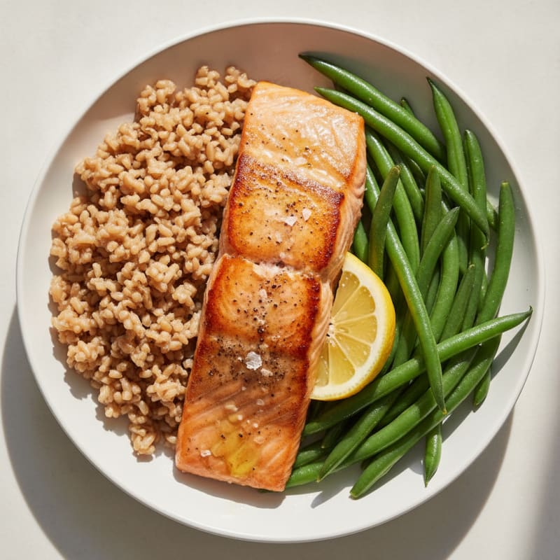 Seared Salmon with Steamed Green Beans and Brown Rice
