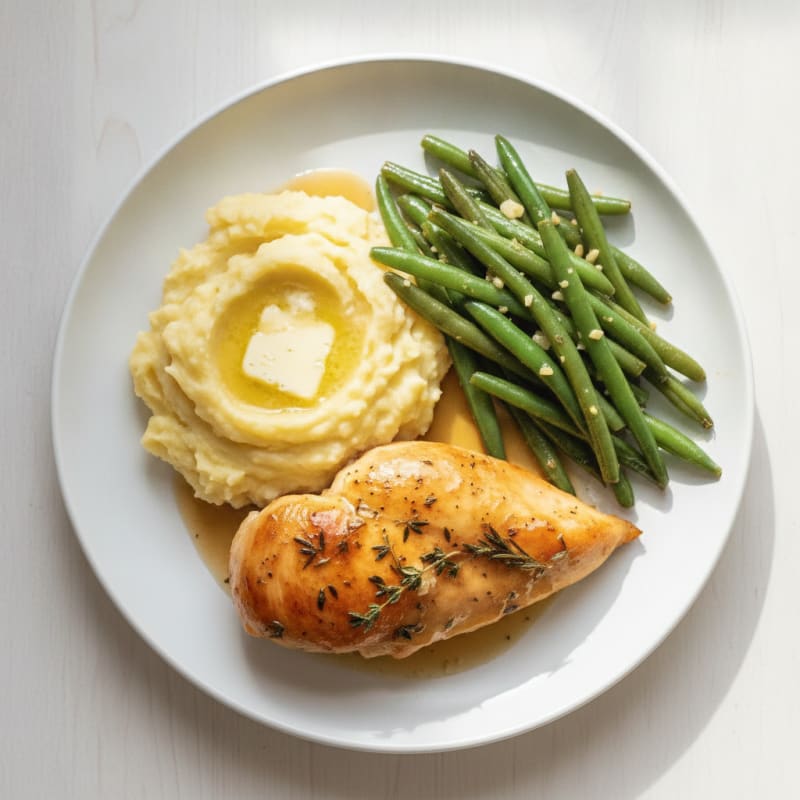 Herb-Baked Chicken Breast with Garlic Green Beans and Mashed Potatoes