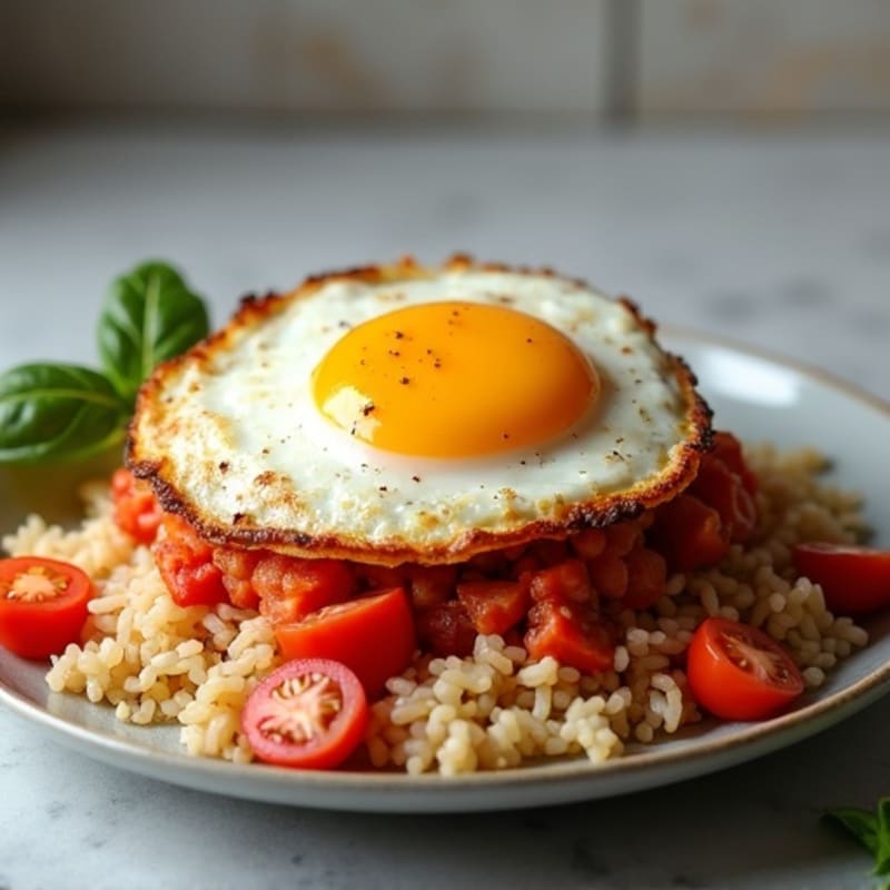Flaky Sardine and Tomato Rice with Crispy Fried Egg