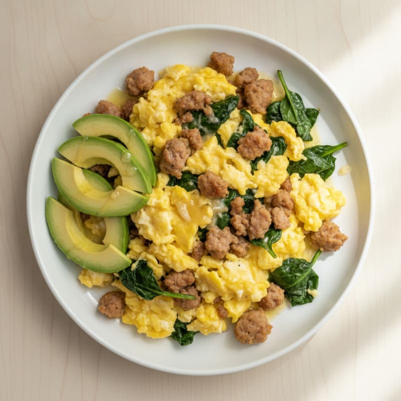 Creamy Scrambled Eggs with Turkey Sausage and Sautéed Spinach