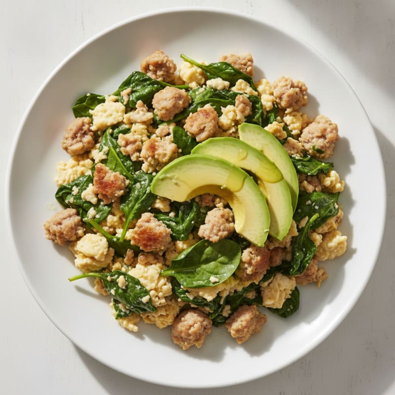 Egg White and Turkey Sausage Scramble with Sautéed Spinach