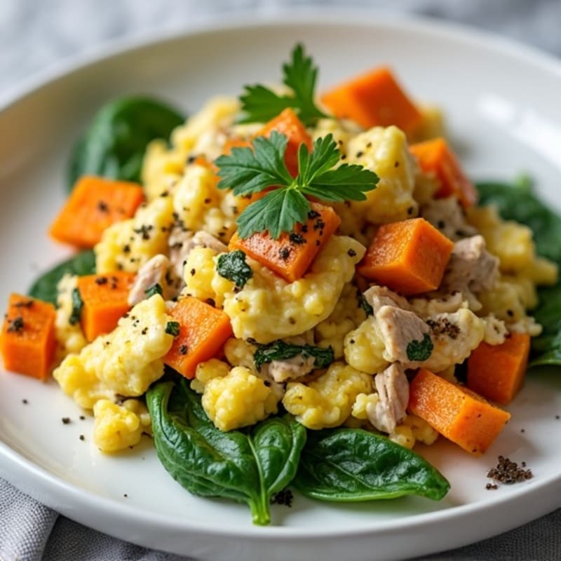 Egg White Spinach Scramble with Turkey and Roasted Sweet Potato