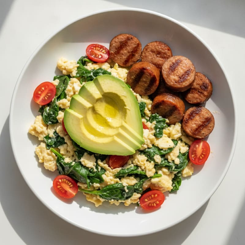 Egg White Spinach Scramble with Grilled Turkey Sausage