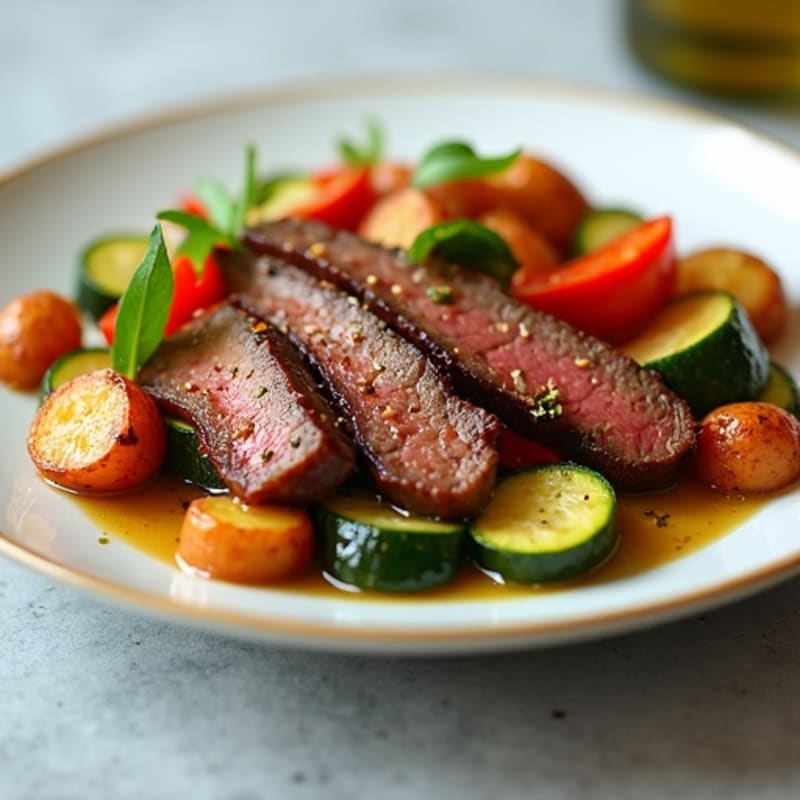 Seared Lean Beef Strips with Sautéed Zucchini, Bell Peppers & Red Potatoes