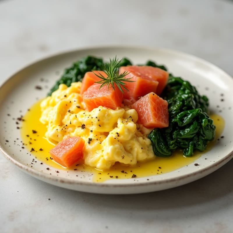 Scrambled Eggs with Sautéed Spinach and Smoked Salmon