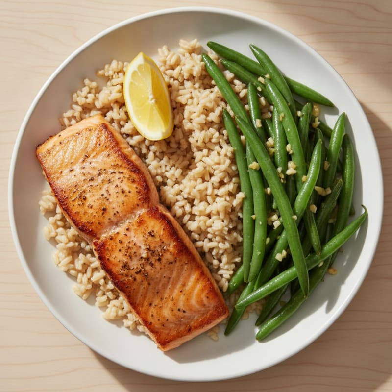 Seared Salmon with Garlic Green Beans and Brown Rice