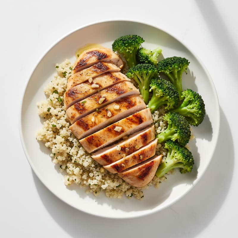 Grilled Lemon Chicken Breast with Quinoa and Steamed Broccoli
