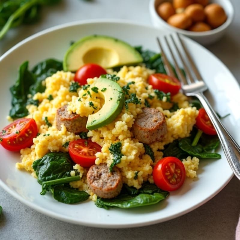 Egg White and Turkey Sausage Scramble with Spinach and Cherry Tomatoes