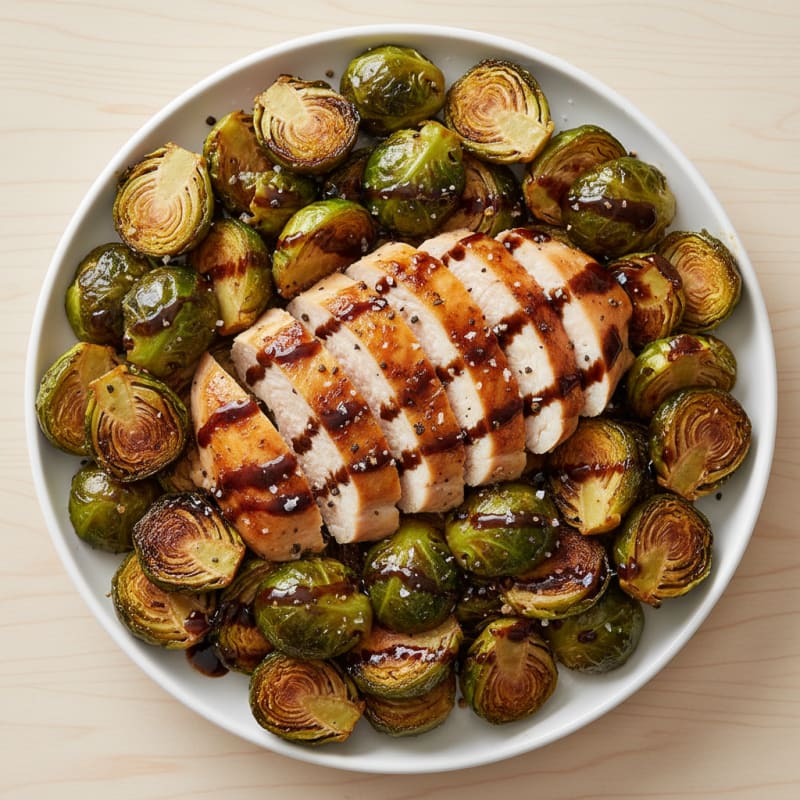 Crispy Balsamic Glazed Brussels Sprouts with Roasted Chicken