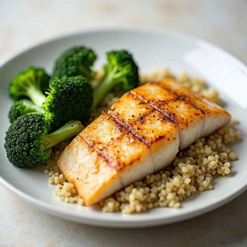 Seared Cod Fillet with Steamed Broccoli and Quinoa