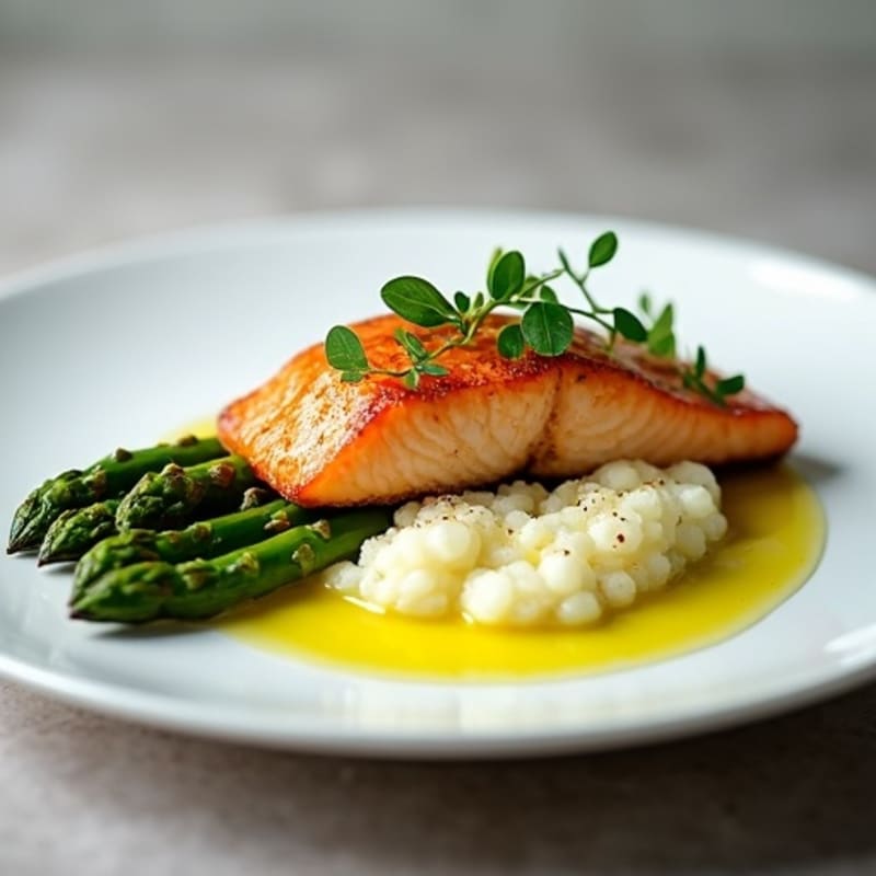 Seared Salmon with Steamed Asparagus and Cauliflower Mash
