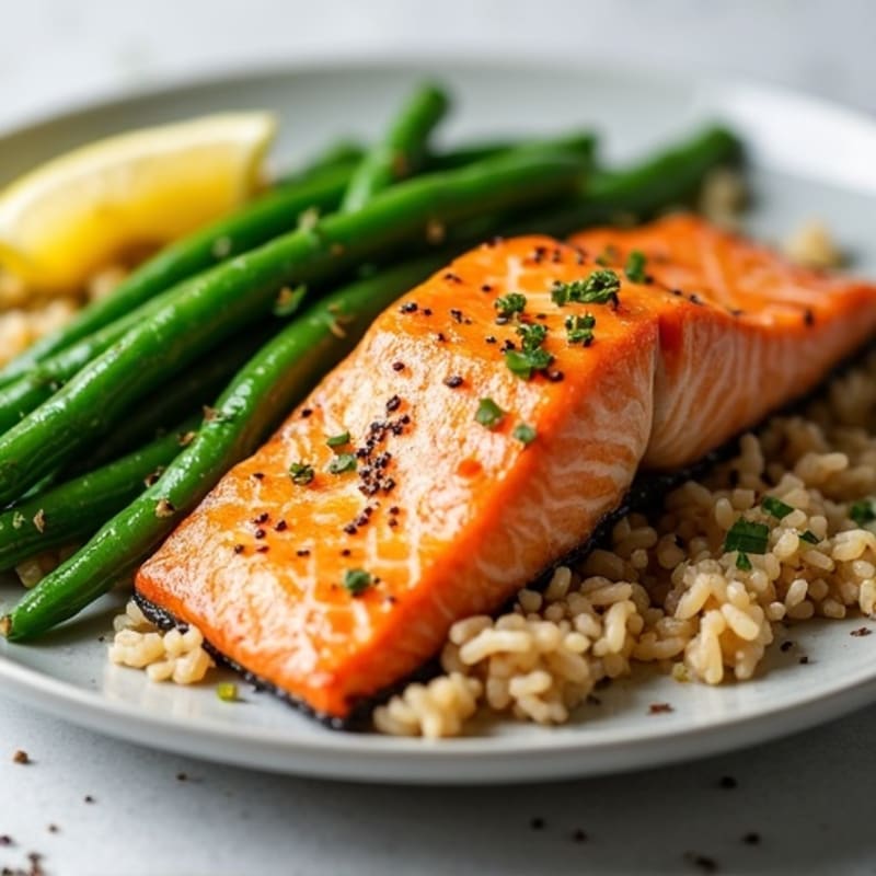 Seared Salmon with Garlic Green Beans and Brown Rice