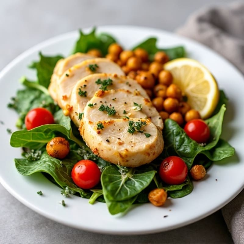 Lemon Herb Roasted Chicken Salad with Fresh Greens and Crispy Chickpeas