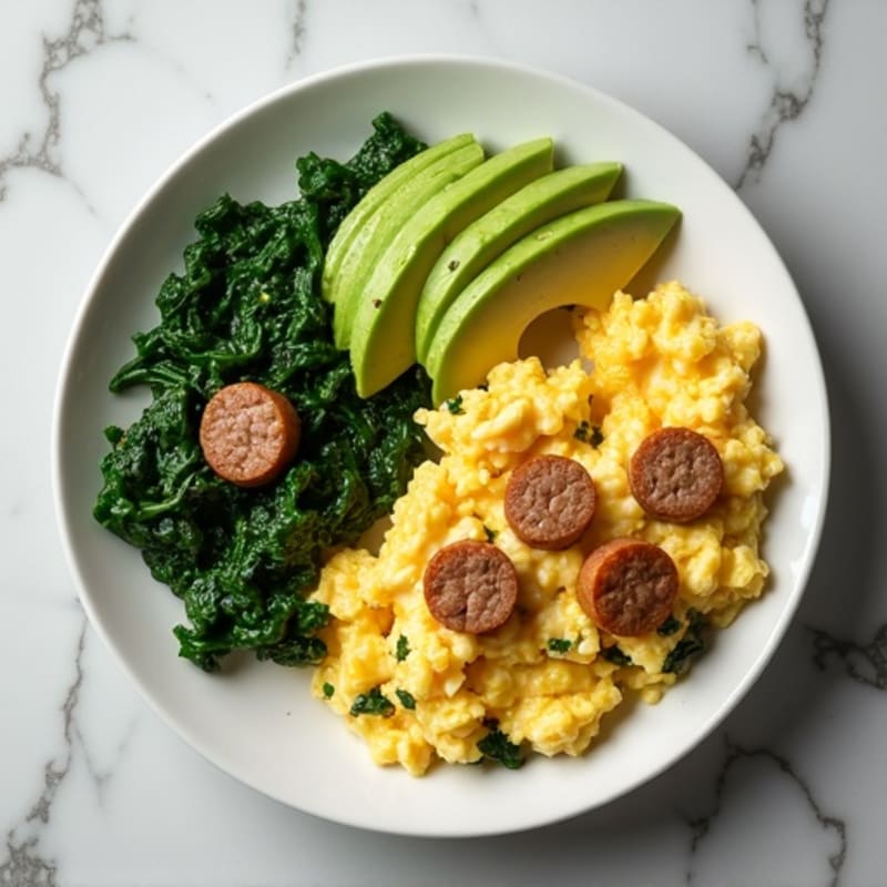 Egg White and Turkey Sausage Scramble with Sautéed Spinach