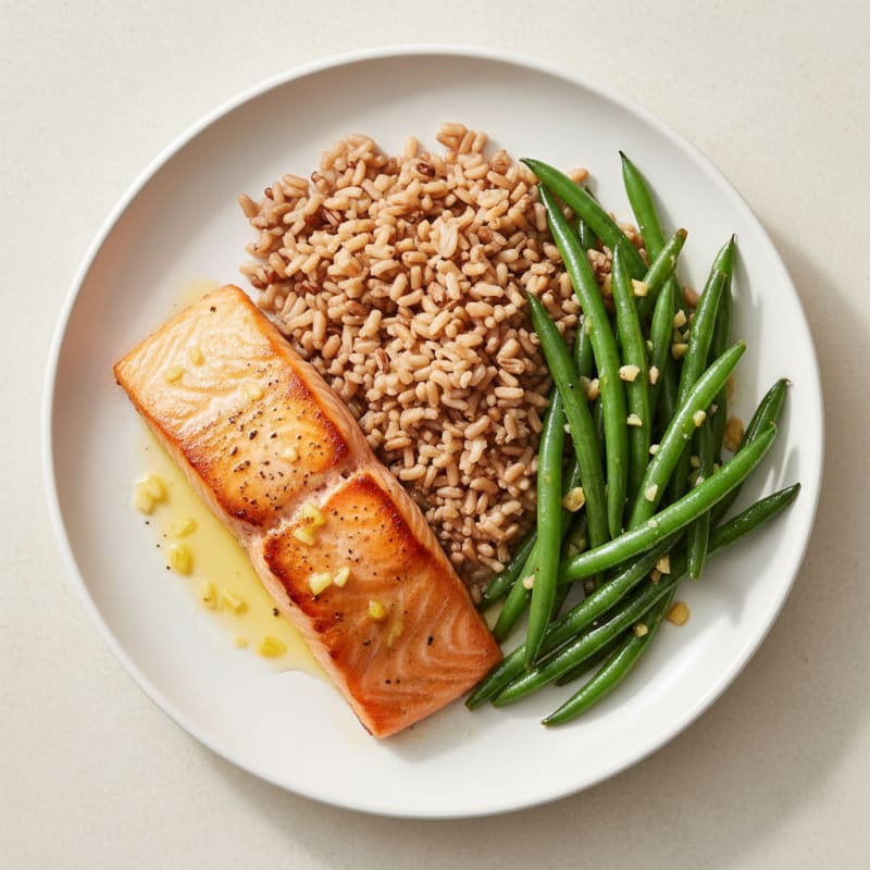 Seared Salmon with Garlic Green Beans and Brown Rice
