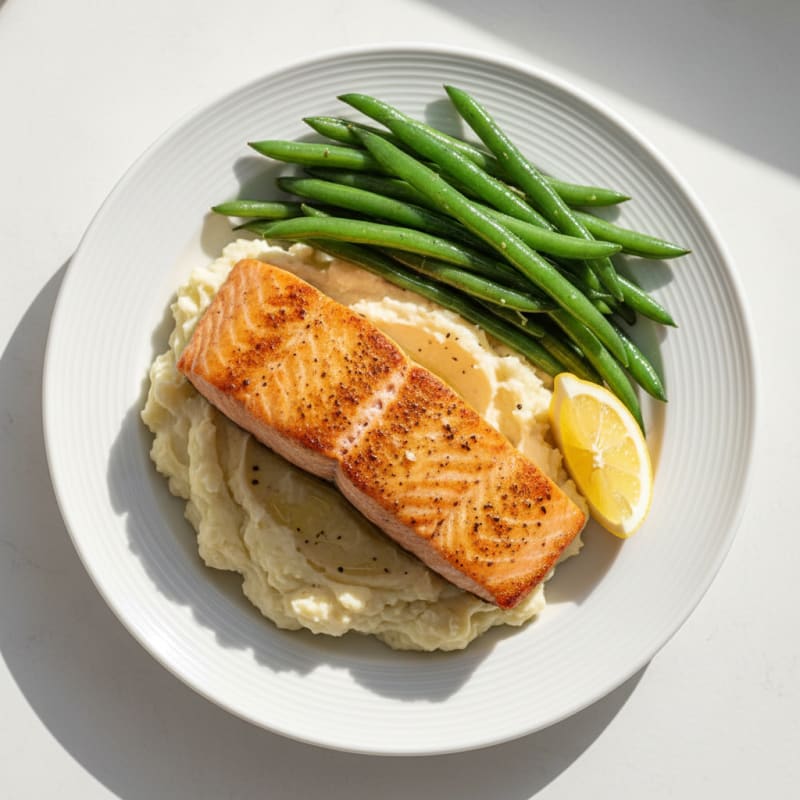 Seared Salmon with Steamed Green Beans and Mashed Cauliflower
