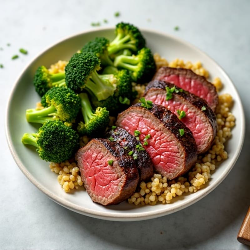 Seared Lean Beef Strips with Roasted Broccoli and Quinoa