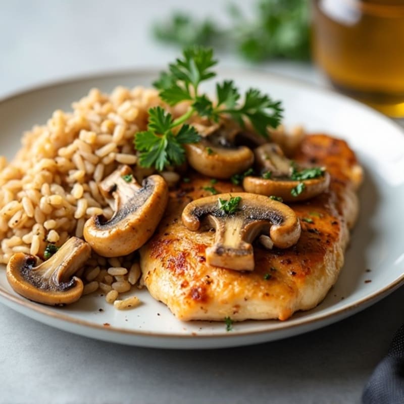 Pan-Seared Chicken Breast with Roasted Garlic Butter Mushrooms and Brown Rice