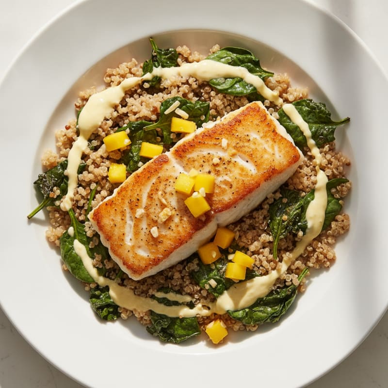 Pan-Seared White Fish with Roasted Spinach and Quinoa