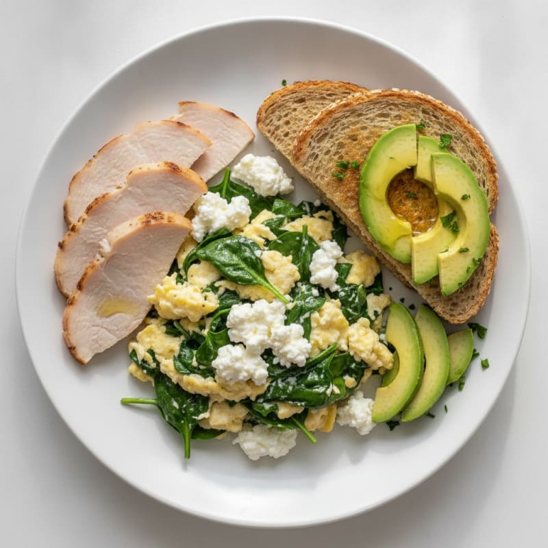 Egg White Spinach Scramble with Cottage Cheese and Sliced Turkey