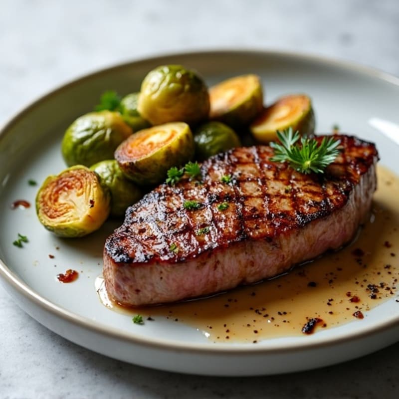 Juicy Pan-Seared Steak with Crispy Roasted Brussels Sprouts