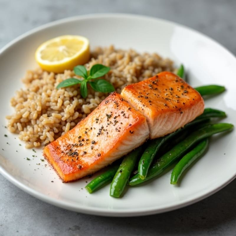 Seared Salmon with Steamed Green Beans and Brown Rice