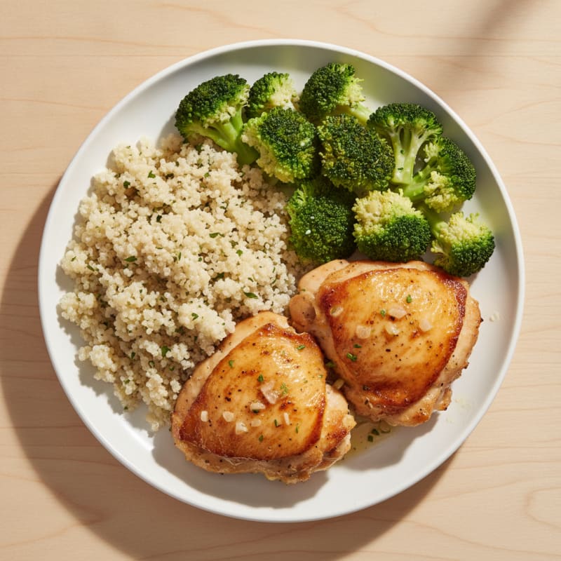Roasted Chicken Thighs with Steamed Broccoli and Quinoa