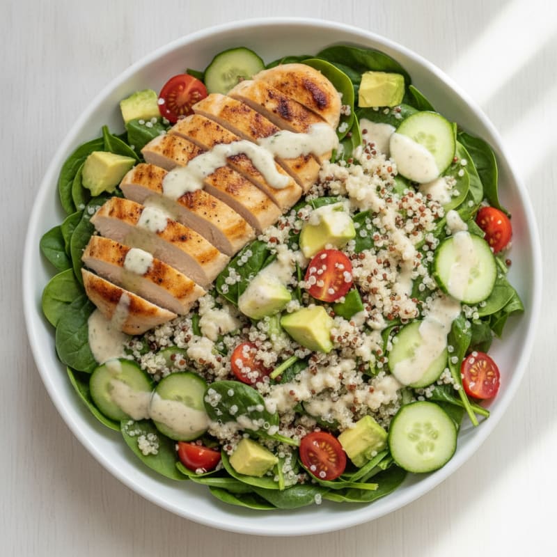 Grilled Chicken Breast with Creamy Quinoa Spinach Salad