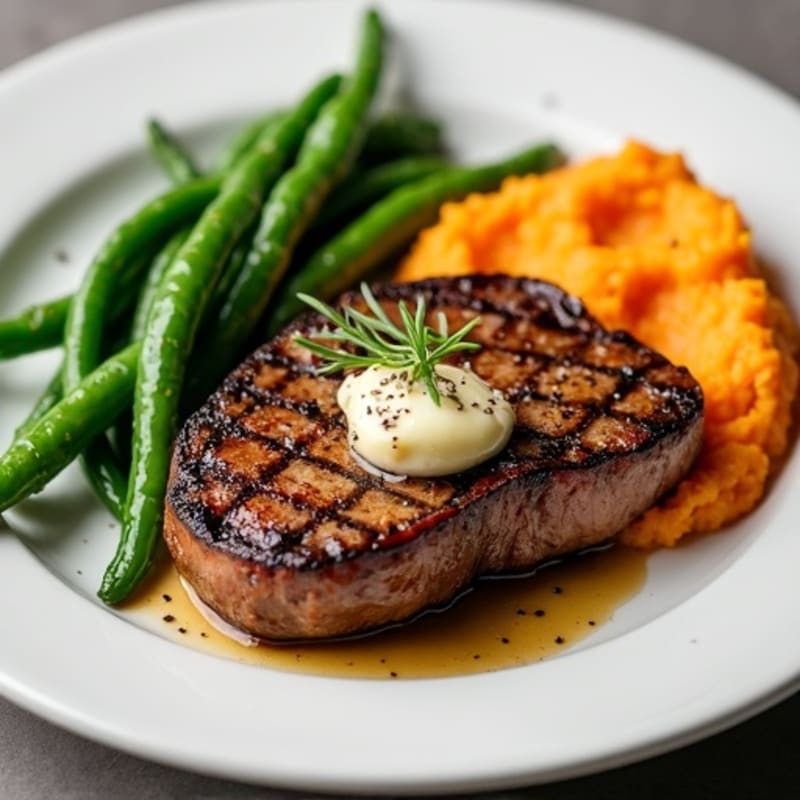 Seared Steak with Garlic Green Beans and Sweet Potato Mash