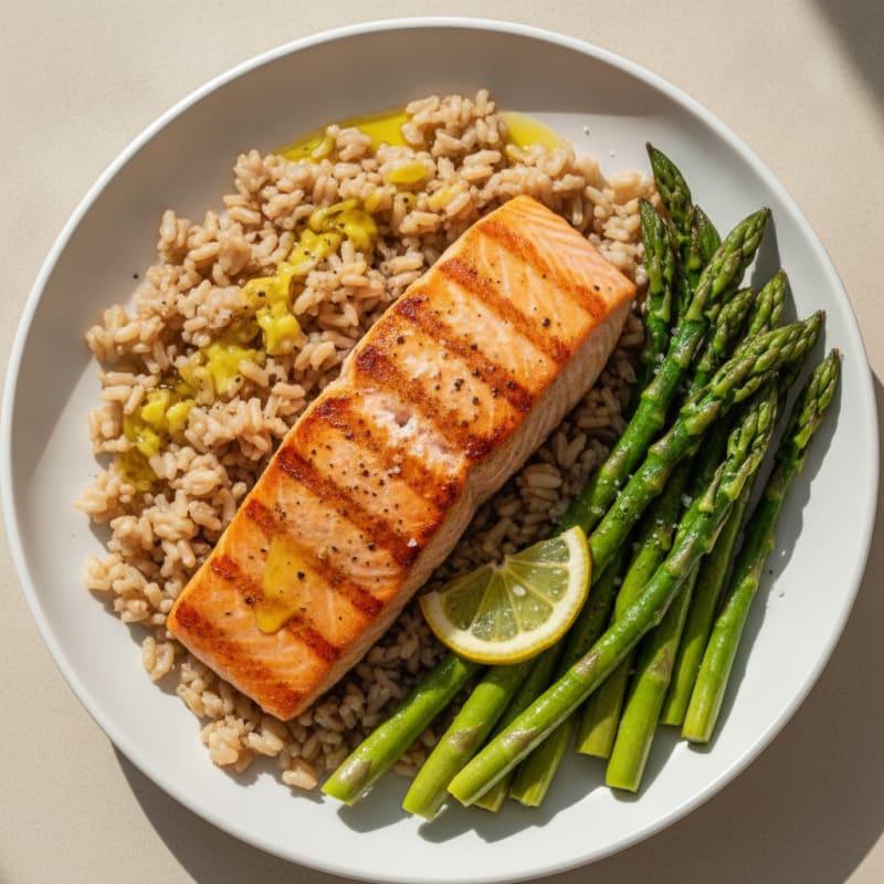 Seared Salmon Fillet with Steamed Asparagus and Brown Rice