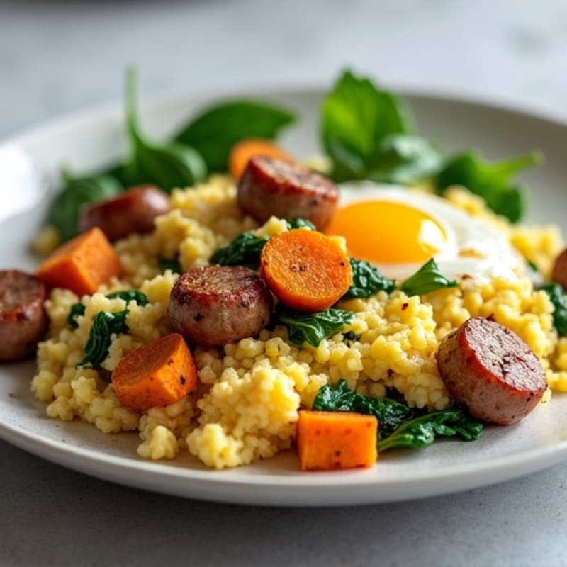 Egg White and Turkey Sausage Scramble with Spinach and Sweet Potato