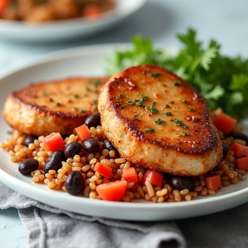Pan-Seared Pork Chops with Zesty Tomato Rice and Black Beans