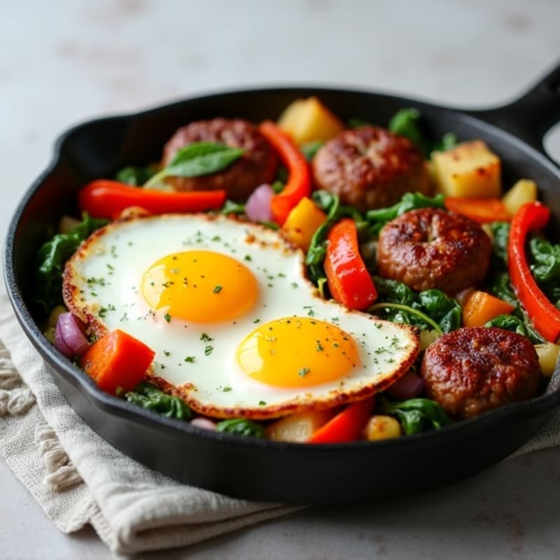 Crispy Potato and Savory Chicken Sausage Skillet with Fluffy Eggs and Roasted Vegetables
