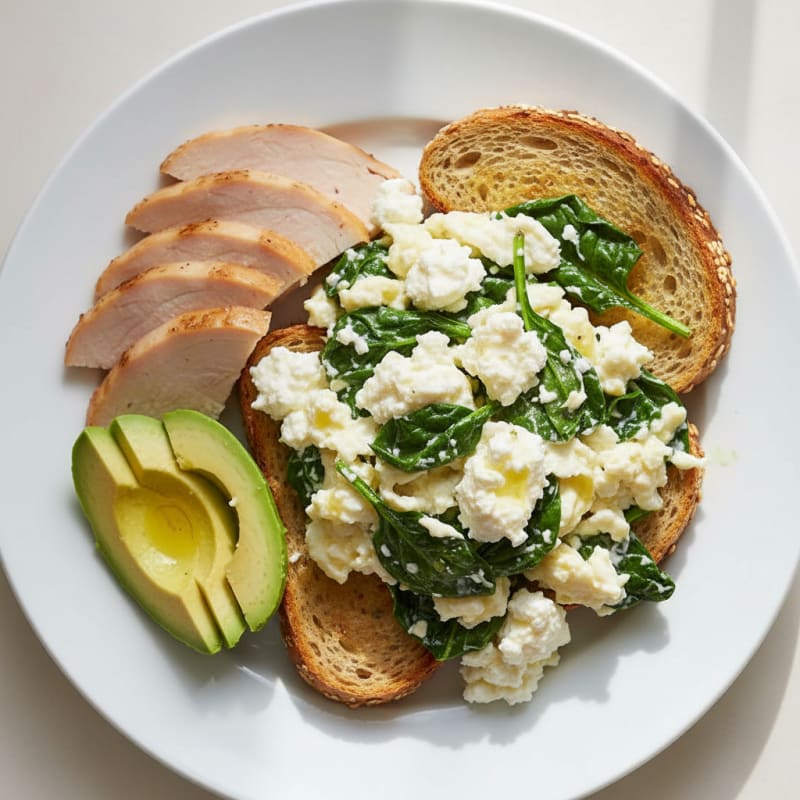 Egg White and Spinach Scramble with Cottage Cheese and Sliced Turkey