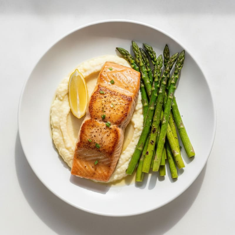 Seared Salmon Fillet with Roasted Asparagus and Cauliflower Mash