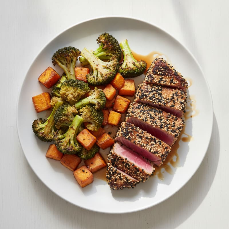 Seared Tuna Steak with Roasted Broccoli and Sweet Potato