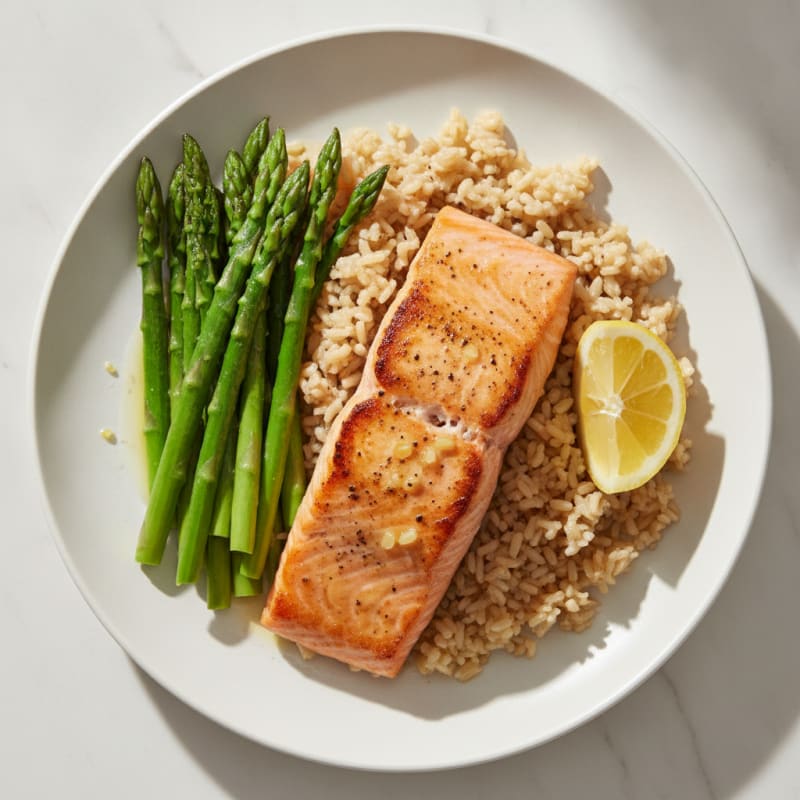 Seared Salmon Fillet with Steamed Asparagus and Brown Rice
