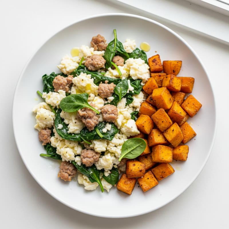 Egg White and Turkey Sausage Scramble with Spinach and Roasted Sweet Potatoes