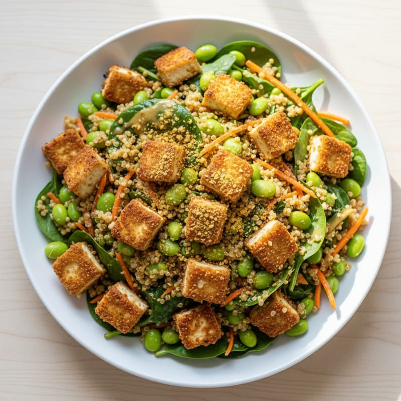 Crispy Tofu and Quinoa Power Salad with Edamame