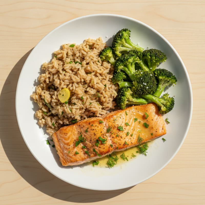 Baked Salmon with Lemon-Herb Rice and Broccoli
