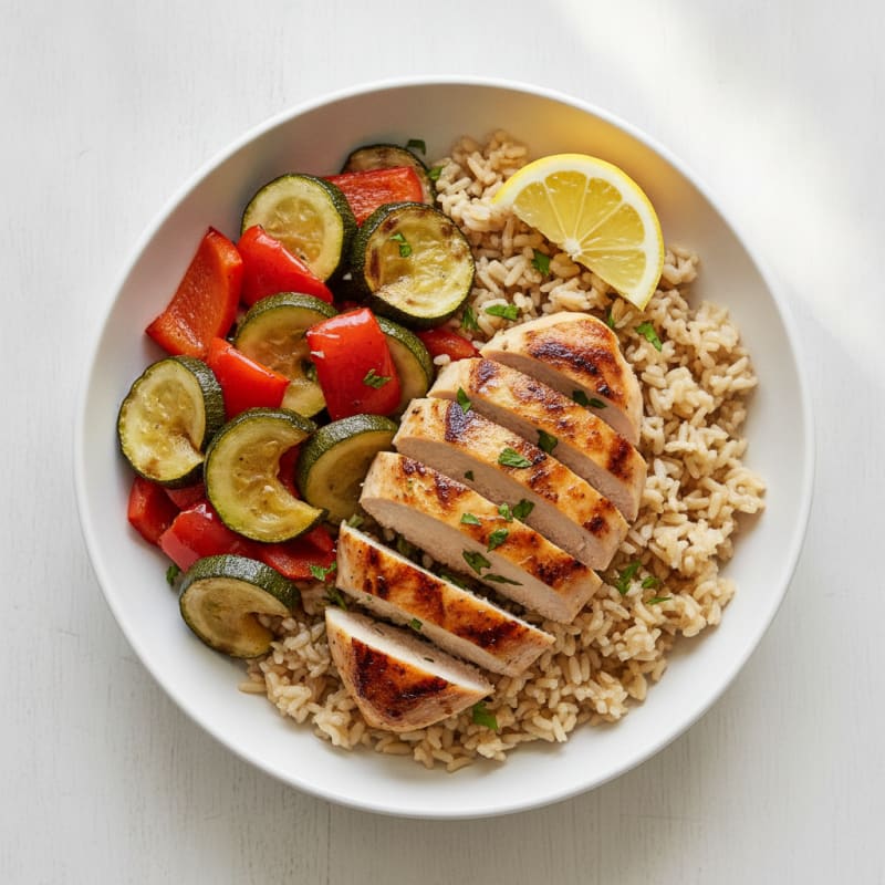 Grilled Chicken and Rice Bowl with Roasted Vegetables