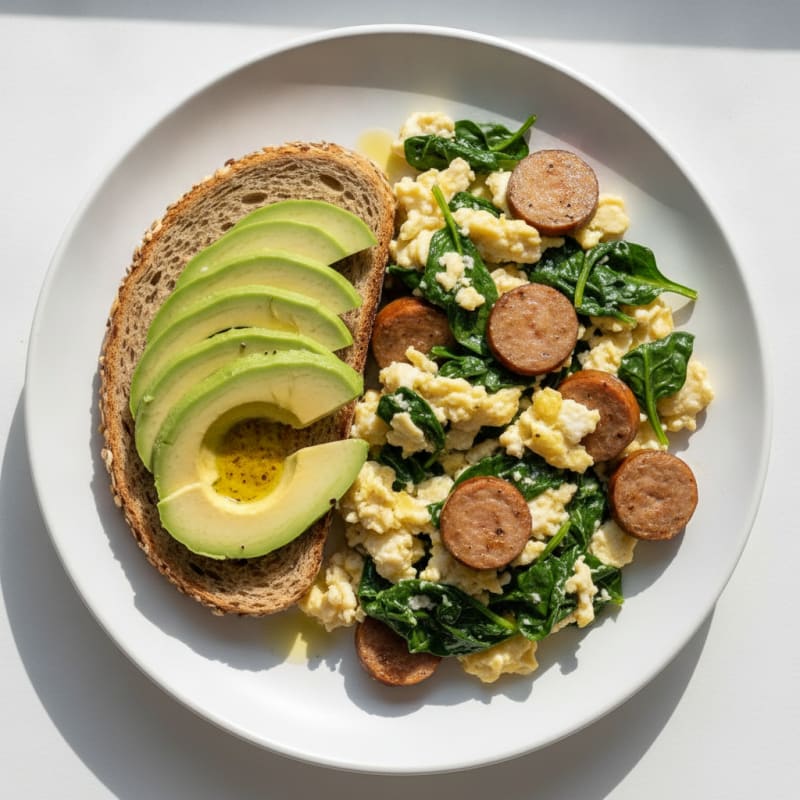 Egg White Spinach Scramble with Turkey Sausage